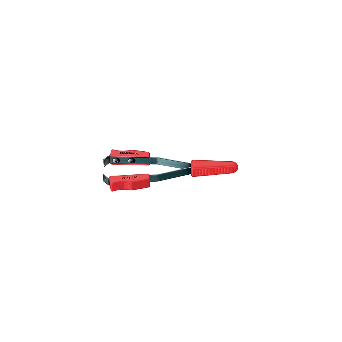 Pince à dénuder KNIPEX rouge. Porte l'inscription "KNIPEX" et des chiffres. La pince est ouverte.