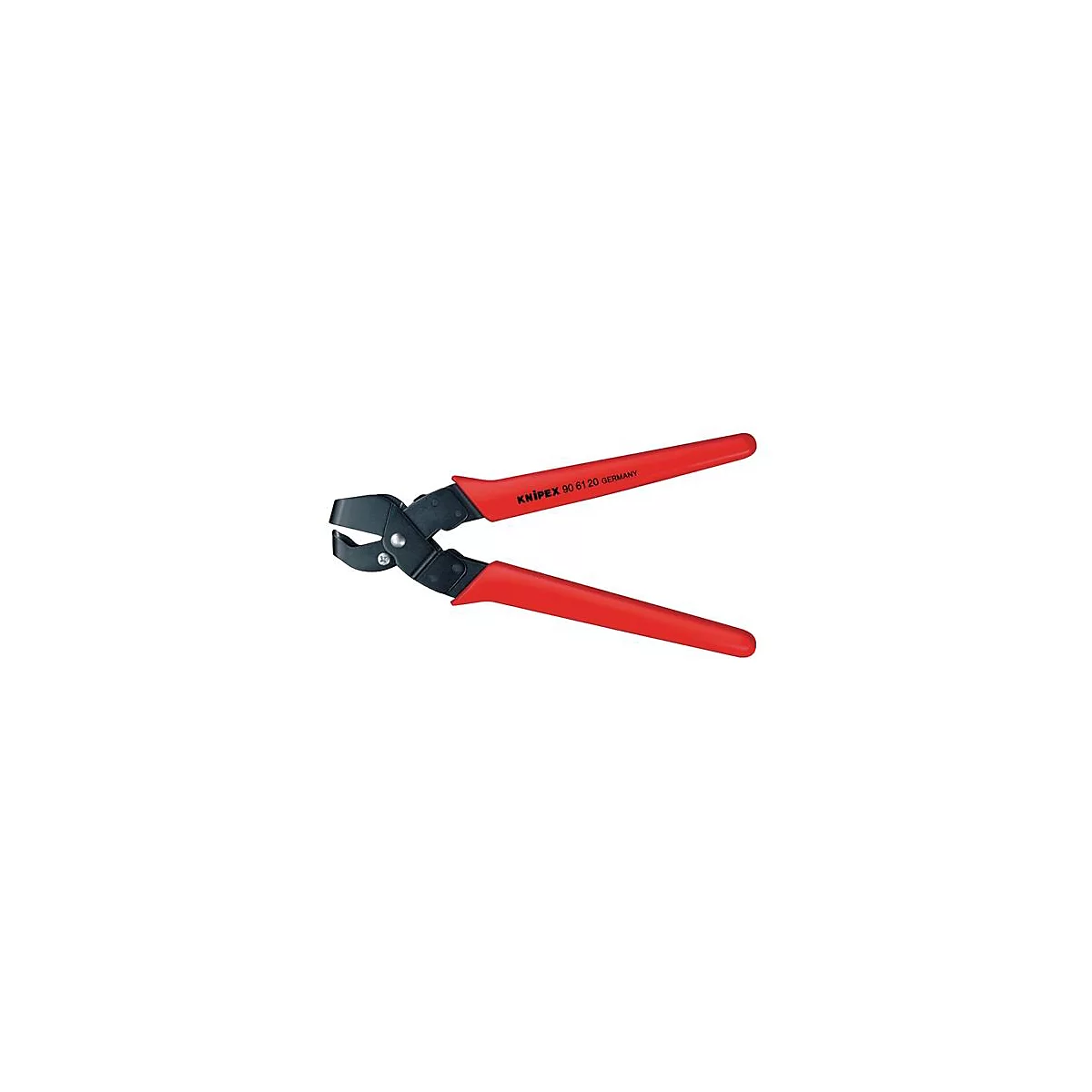 Pince à carreler Knipex rouge, ouverte sur fond blanc. L'inscription Knipex 90 61 20 Germany est visible.