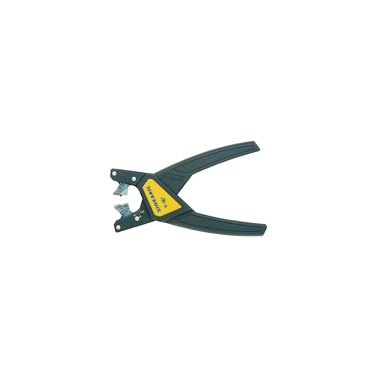 Pince à dénuder grise et jaune avec manche noir. Étiquette jaune avec l'inscription "JOKARI" et "6-16".