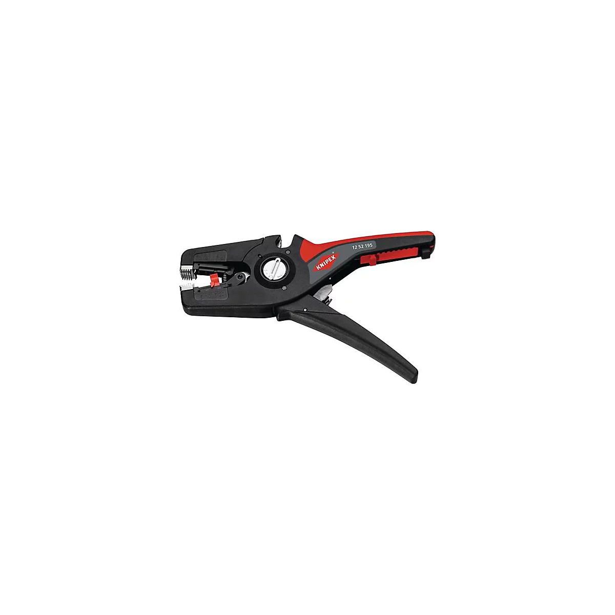 Pince à dénuder, noire et rouge. Le texte "KNIPEX 12 52 195" est imprimé sur la pince.