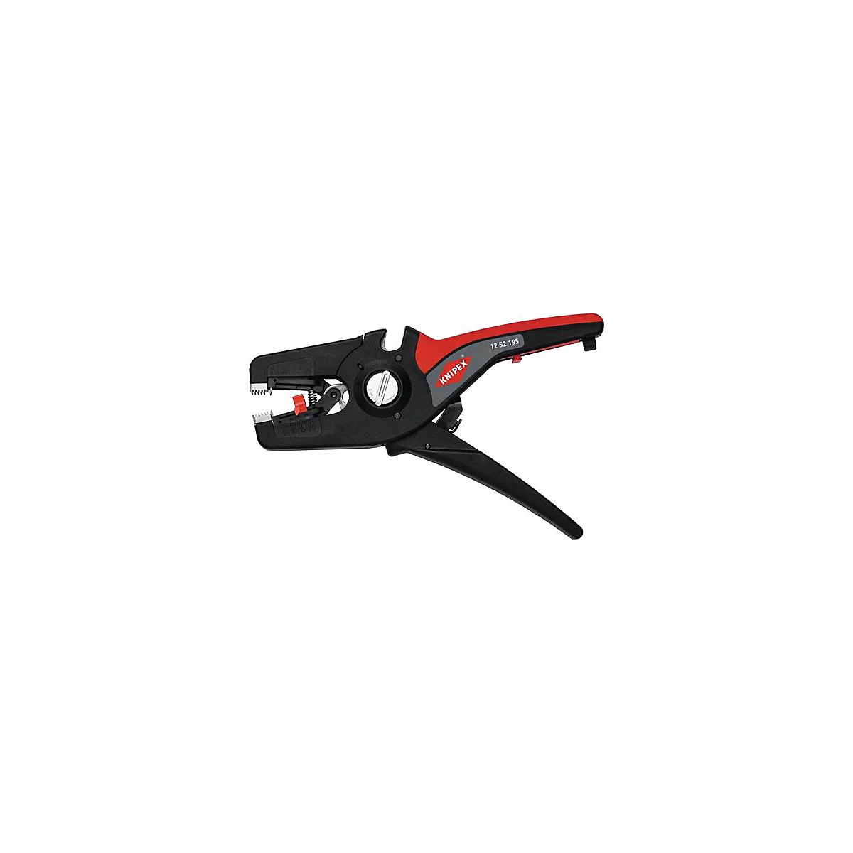 Pince à dénuder noire et rouge, marque Knipex, modèle 12 52 195, avec des pièces métalliques argentées, prise de vue détaillée.
