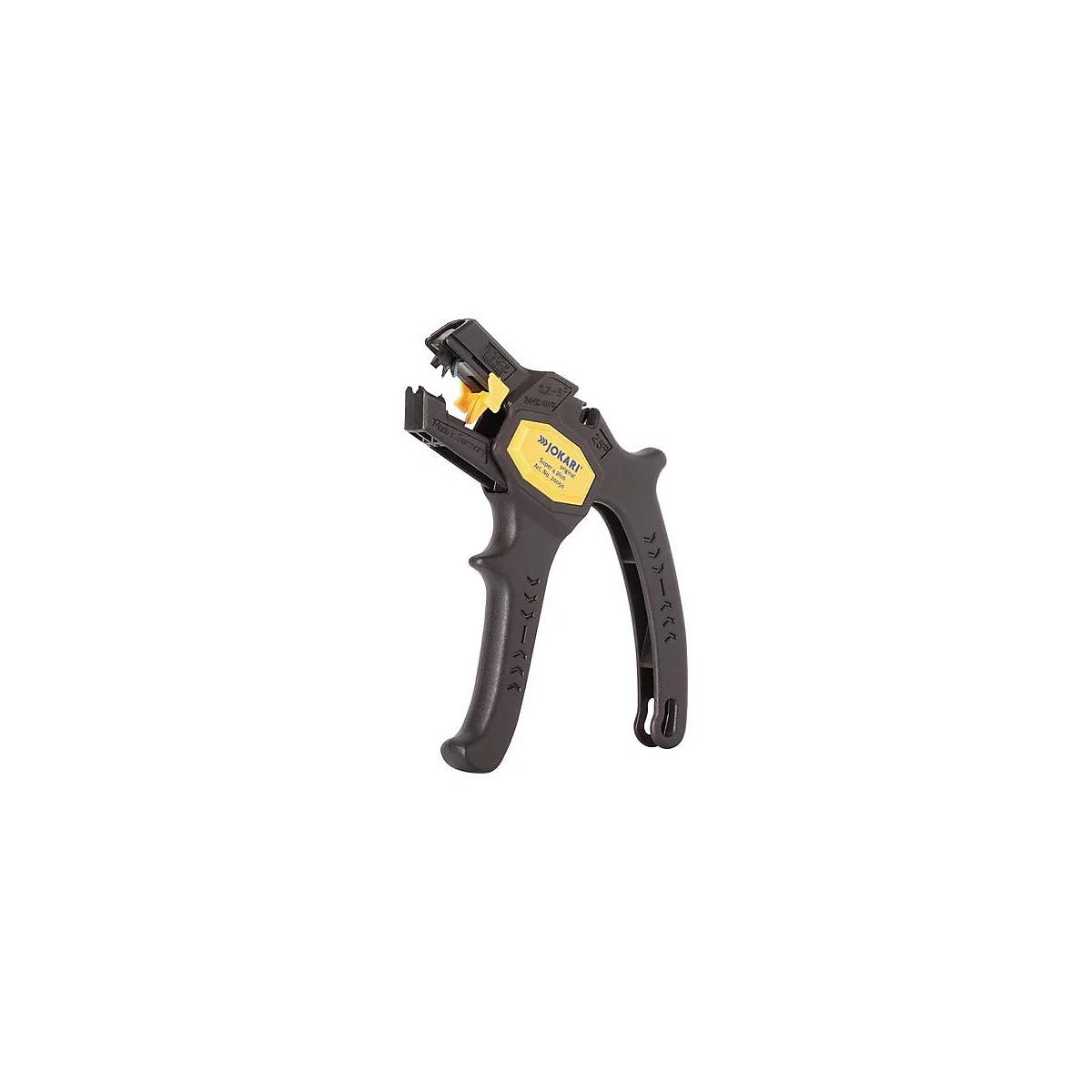 Pince à dénuder Jokari noire avec des accents jaunes. Le logo jaune indique "Jokari".