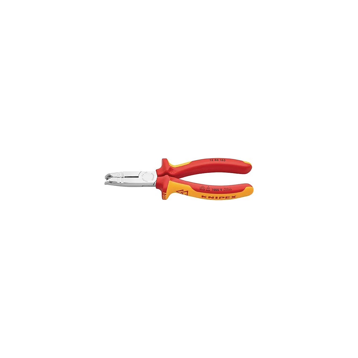 Pince Knipex, rouge-jaune, isolée 1000 V, en détail. Inscription : 13 46 165, Knipex.