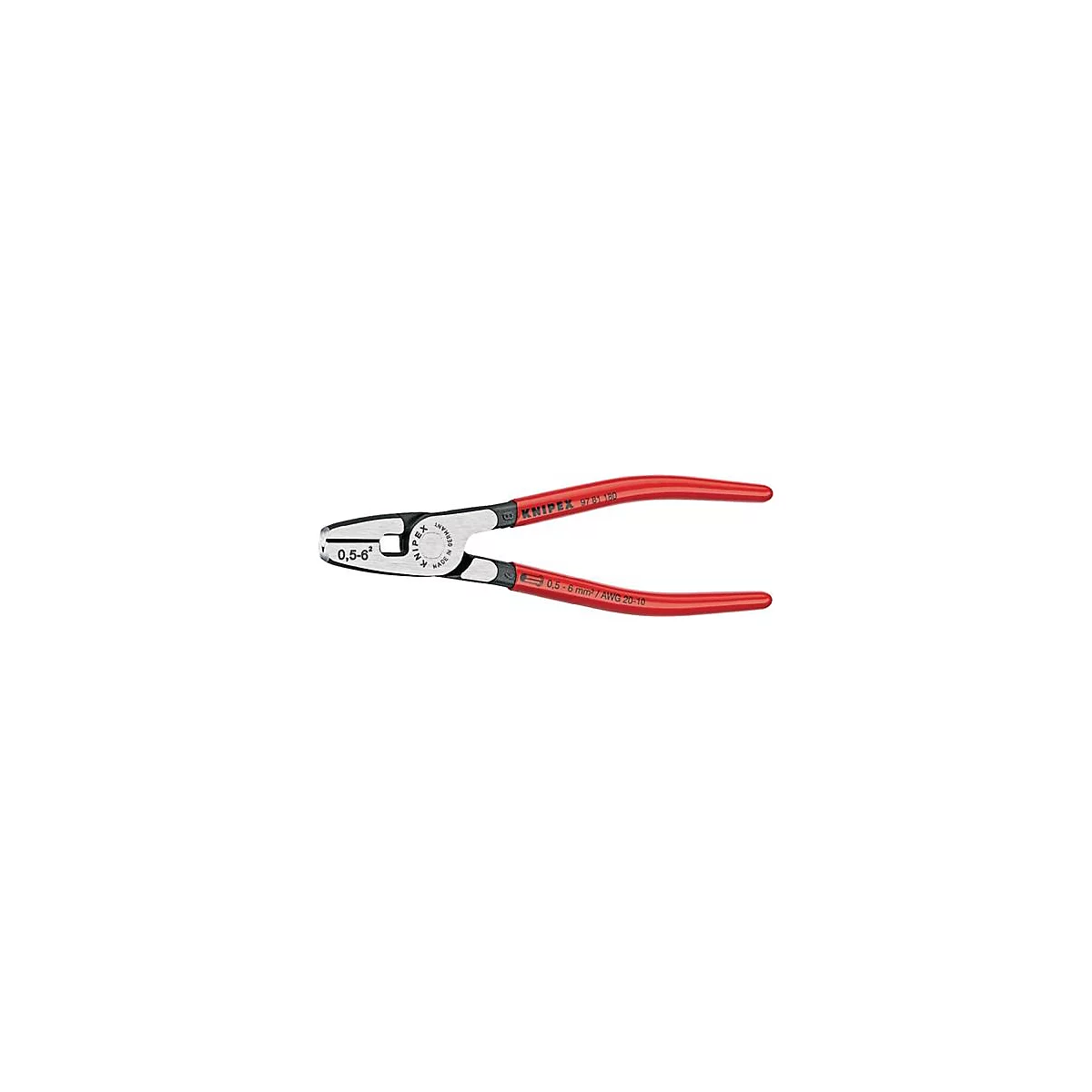 Une pince à sertir rouge avec des poignées noires, marquée de spécifications techniques.