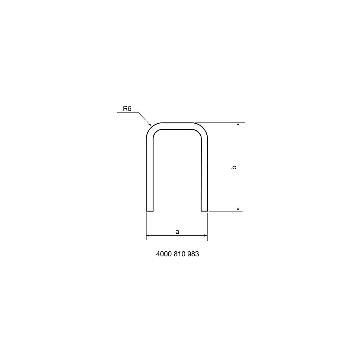 Pièce métallique en forme de U, dimensions avec 'a' et 'b' et 'R6' pour l'arrondi. Le numéro '4000 810 983' est en bas.