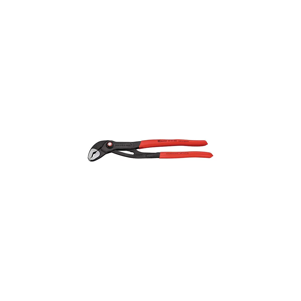 Pince Knipex, noire avec poignées rouges. Inscription : Knipex. Outil.