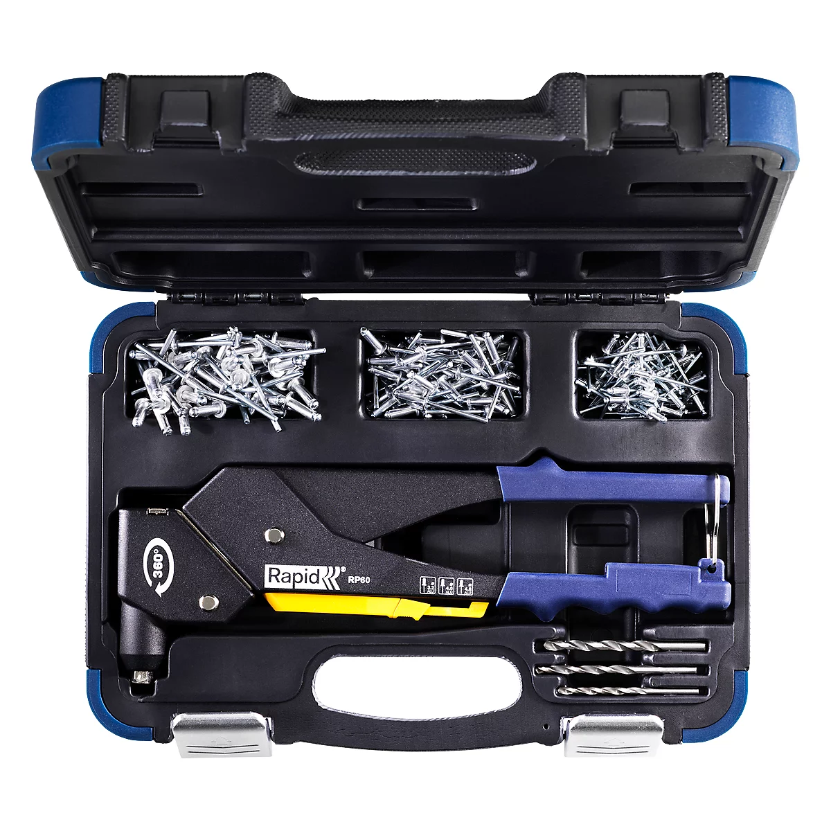 Pince à riveter Rapid RP60 Multi™, tête 360°, pour rivets de 3,2/4,0/4,8 mm, outil de mesure inclus, 3 forets, 150 rivets