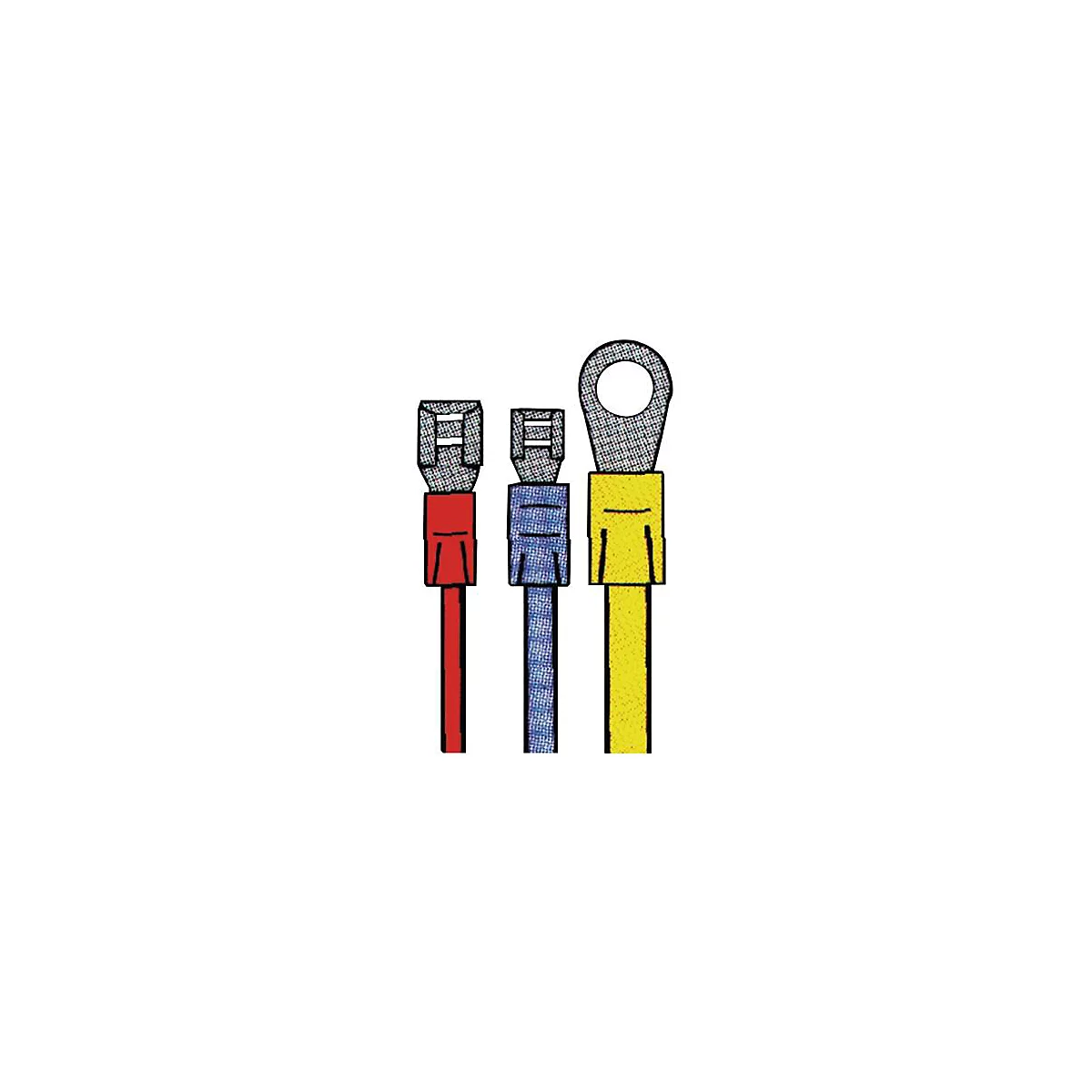 Trois câbles colorés : rouge, bleu et jaune. Connecteurs de différentes formes aux extrémités.