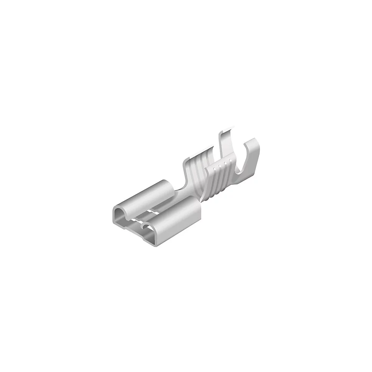 Vue détaillée d'une cosse métallique. Elle comporte deux extrémités tubulaires et une connexion incurvée avec plusieurs trous.