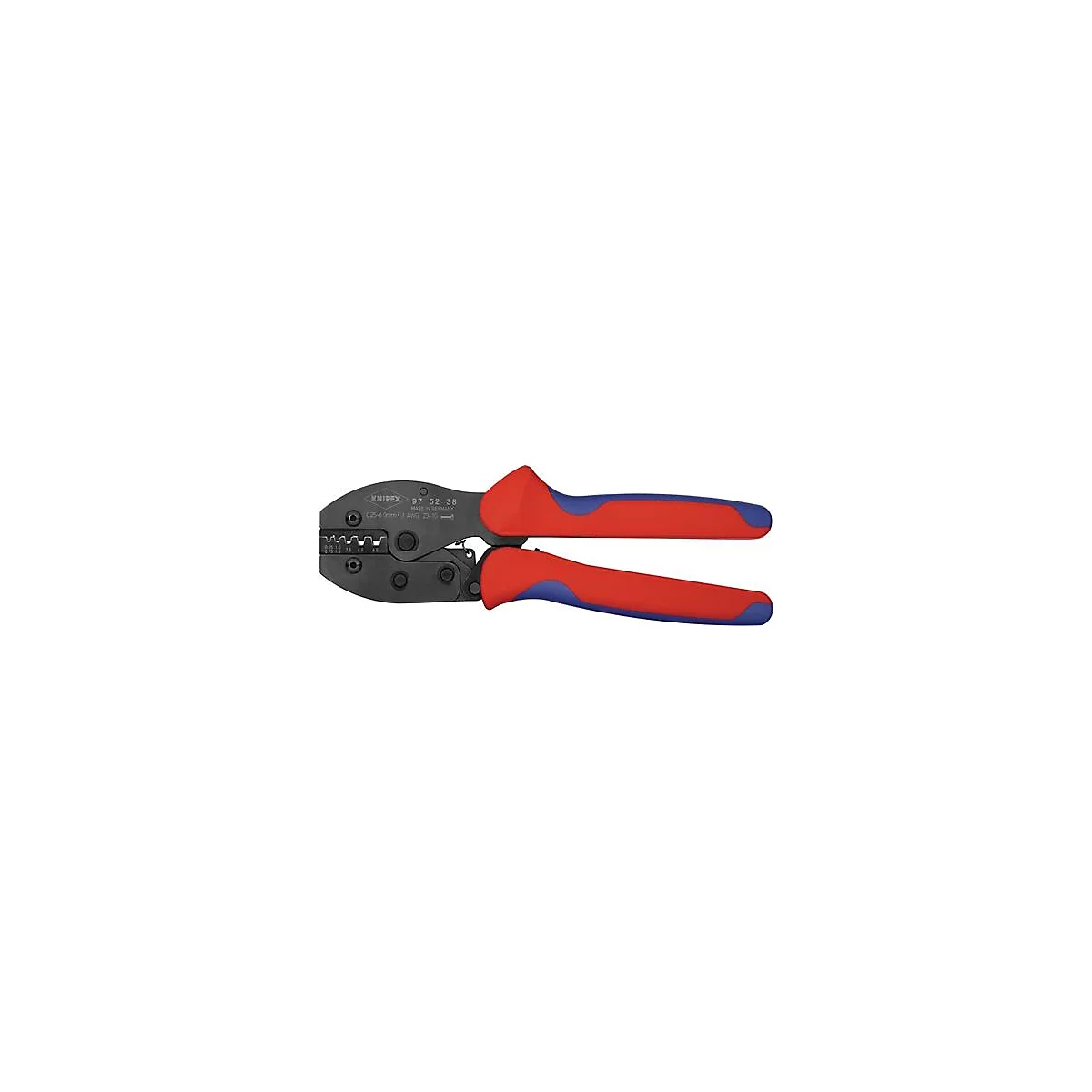 Pince à sertir avec poignée rouge et bleue. Pince noire avec l'inscription "KNIPEX 97 52 36".