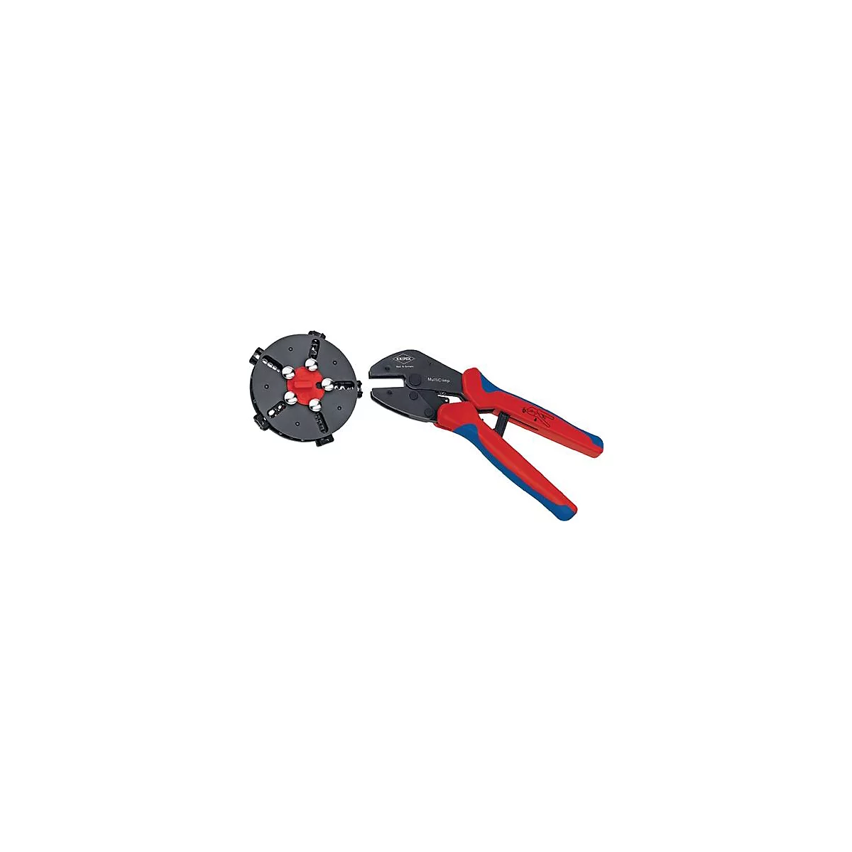Pince à sertir et mâchoires interchangeables, rouge et bleu. À gauche, une pièce ronde avec plusieurs évidements et billes métalliques, à droite, la pince.
