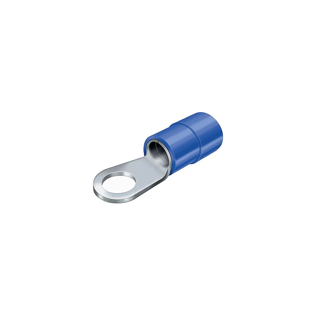 Cosse de câble bleue avec un trou rond et une surface de contact métallique.