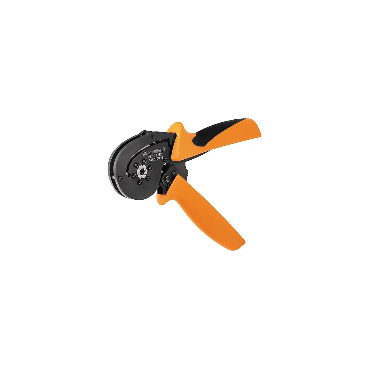 Pince à sertir avec poignées orange et tête noire. "Weidmüller PZ 10 HEX" est inscrit sur la tête.