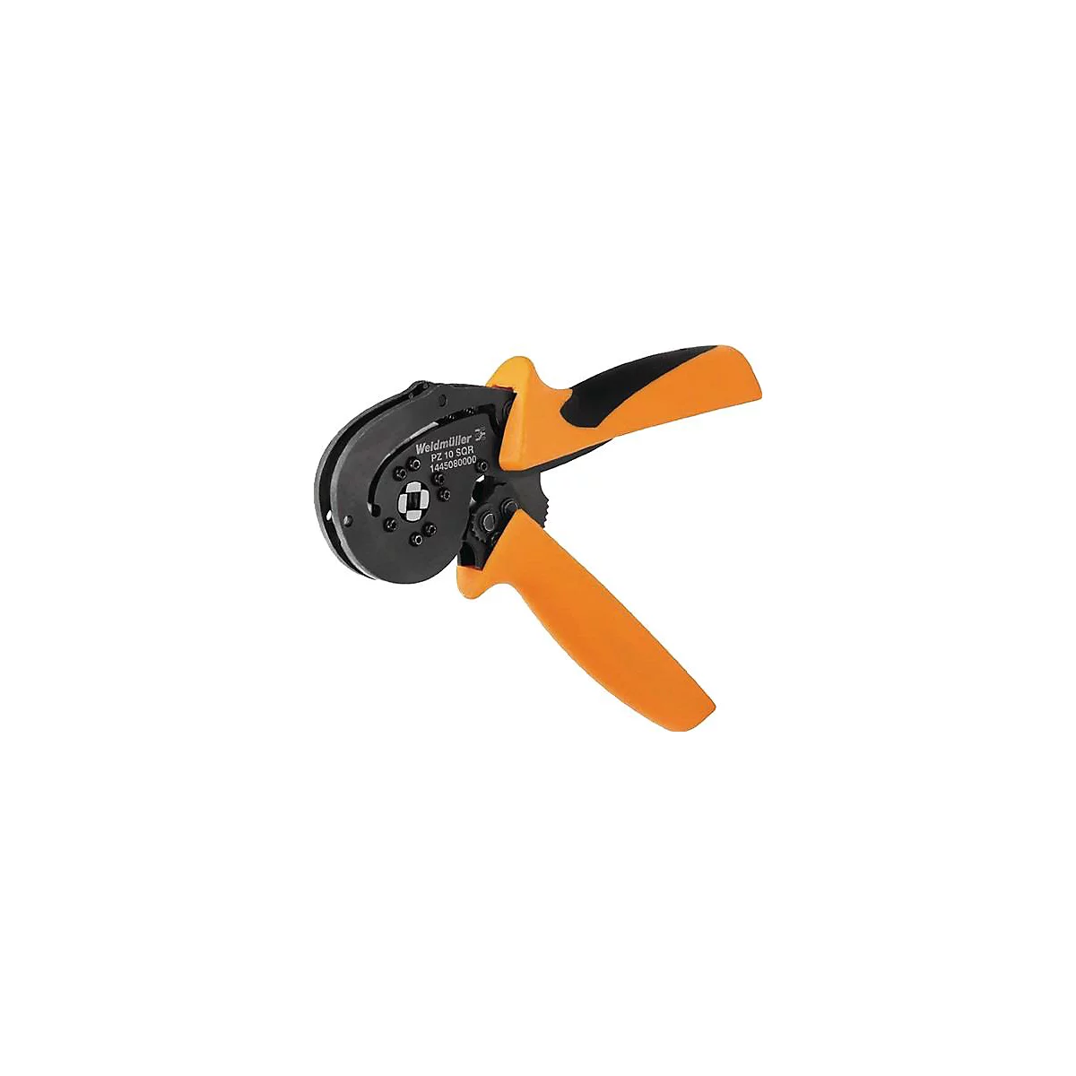 Une pince à sertir, noire et orange, avec des poignées et l'inscription "Weidmüller PZ 10 SQR".