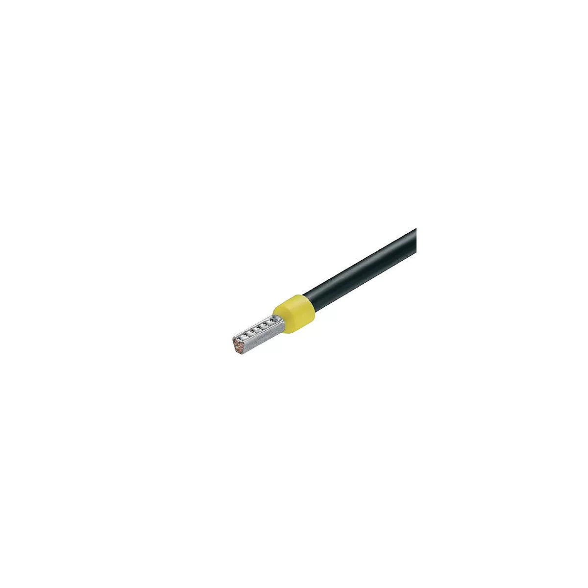 Gros plan sur un câble avec fils dénudés, bague d'isolation jaune et câble noir.