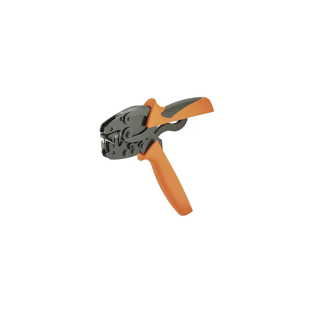Pince à sertir avec des poignées orange et une tête en métal noir. Les poignées sont ouvertes.