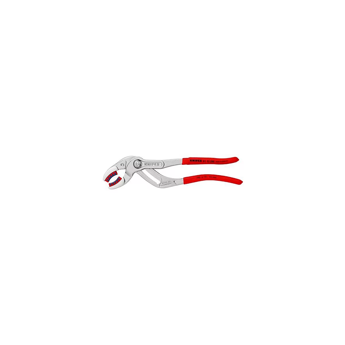 Une pince à tube de marque Knipex. La pince est de couleur argentée avec des poignées rouges. "KNIPEX" et d'autres informations sont écrites sur les poignées.