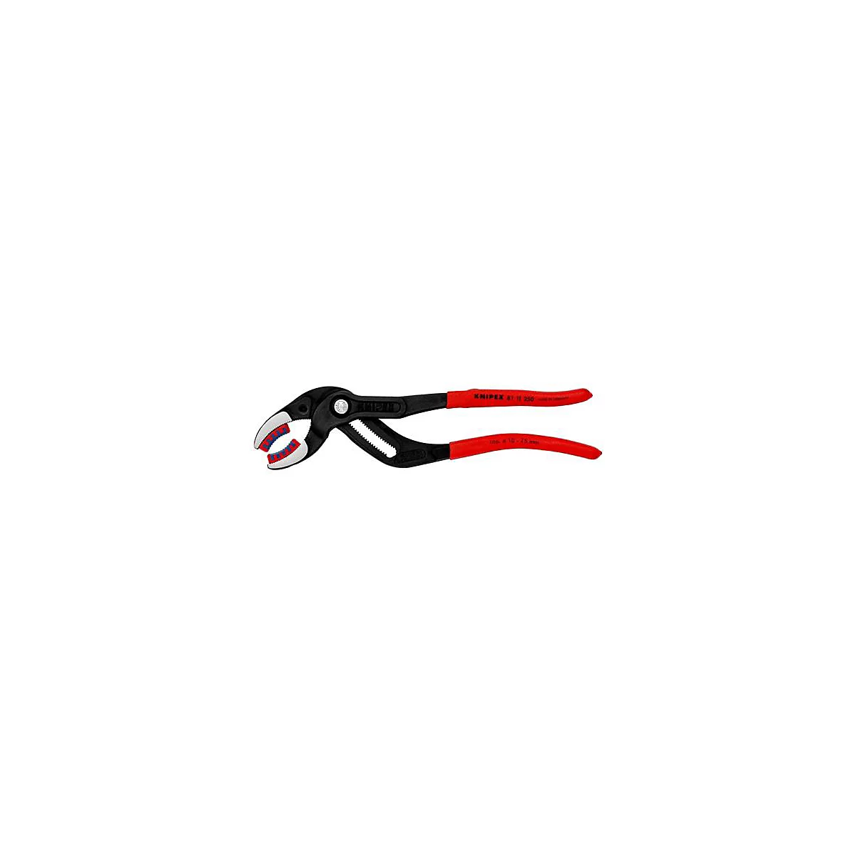 Pince multiprise réglable avec poignées rouges et mâchoires noires, les détails sont visibles.