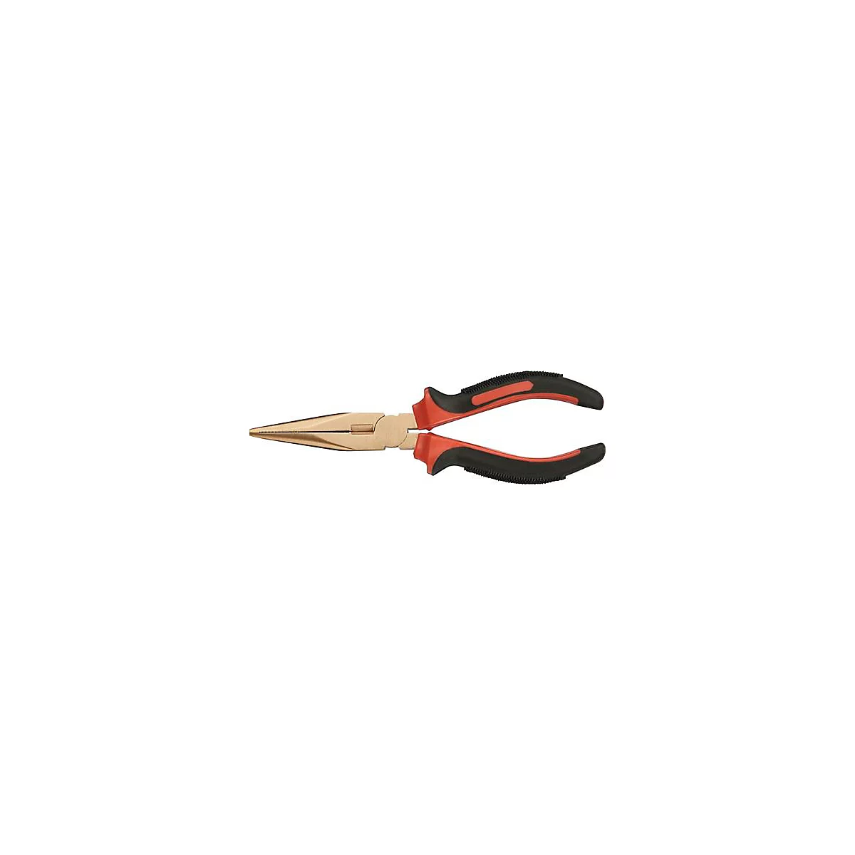 Pince à bec long avec des poignées rouges et noires. La tête est de couleur laiton.