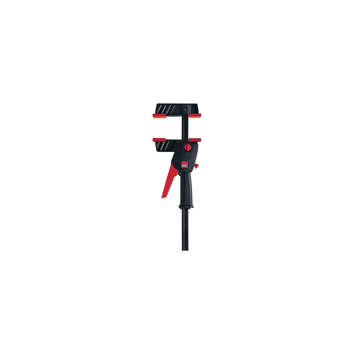 Une serre-joint noire avec une poignée rouge et des mâchoires rouges. Le logo 'BESSEY' est visible.