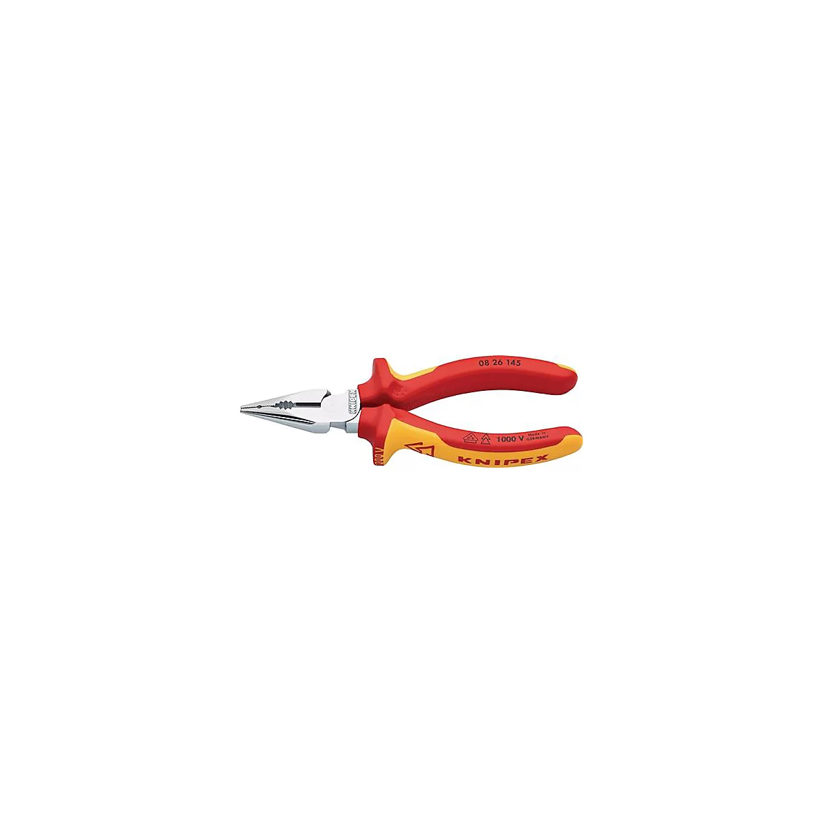 Pince Knipex avec poignées rouges et jaunes, tête de pince brillante. Impression : 08 26 145, 1000 V, Fabriqué en Allemagne. L'outil est sur fond blanc.