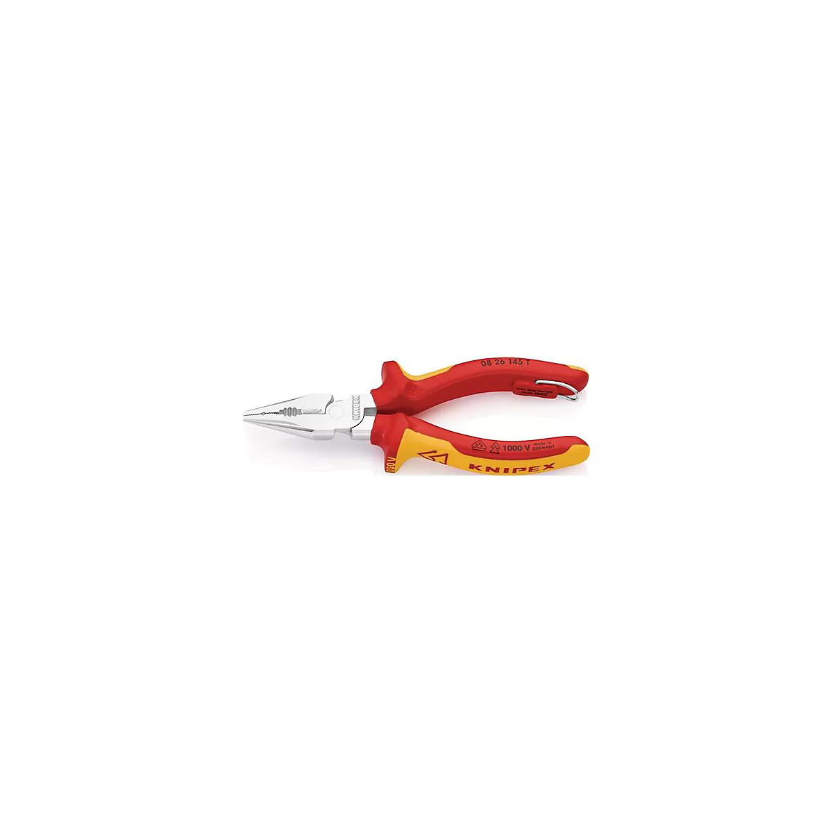 Gros plan sur une pince à bec rouge et jaune Knipex. Marquée '1000 V' et 'Made in Germany'.