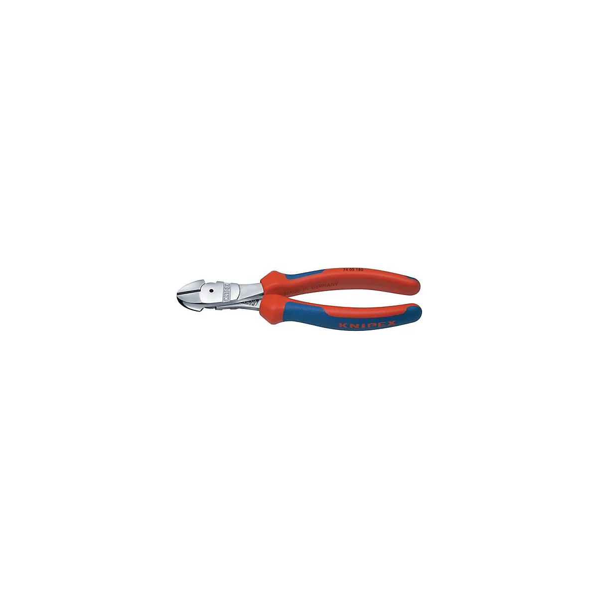 Pince coupante avec poignées rouge et bleu, tête de coupe argentée, lettrage Knipex.