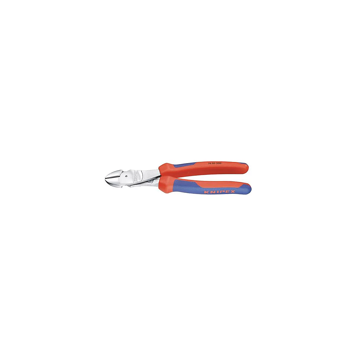 Pince coupante, rouge-bleu, avec inscription 74 05 200. Logo KNIPEX.
