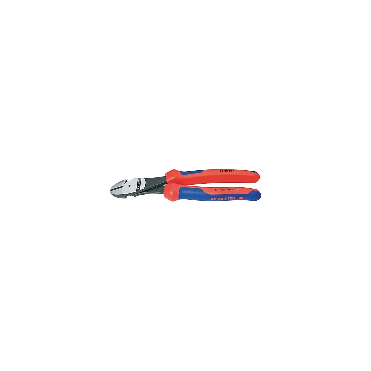 Pinces coupantes latérales rouges et bleues. Chrom-vanadium et 74 32 200 sont écrits sur les poignées. Le fabricant Knipex est reconnaissable.