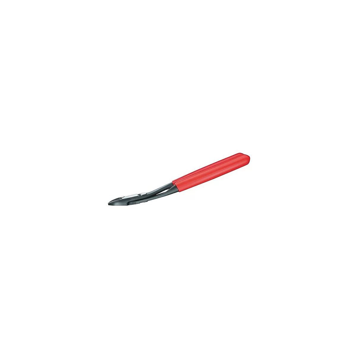 Gros plan sur une pince coupante avec une poignée rouge. La tête est gris foncé.