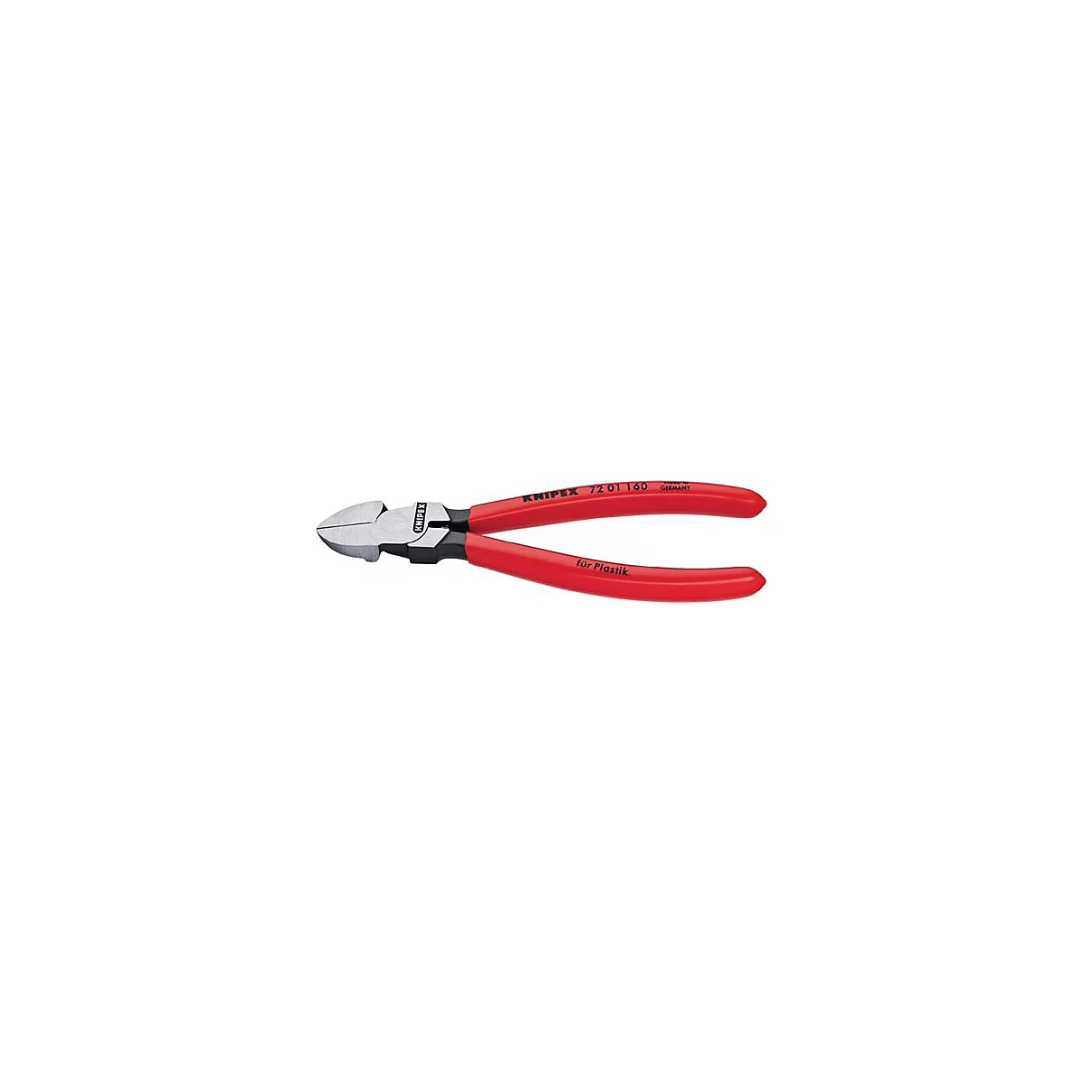 Pince coupante diagonale Knipex rouge avec une partie centrale noire, inscription 'pour plastique'.