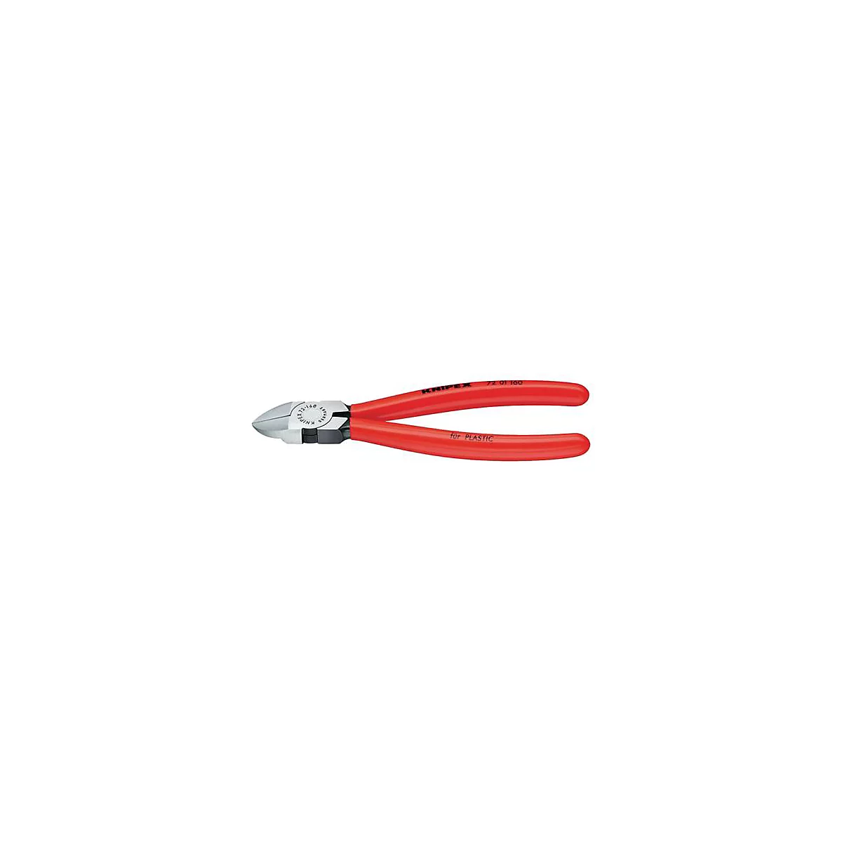 Pince coupante latérale rouge avec articulations et poignées noires. Inscription : Knipex, pour plastique.