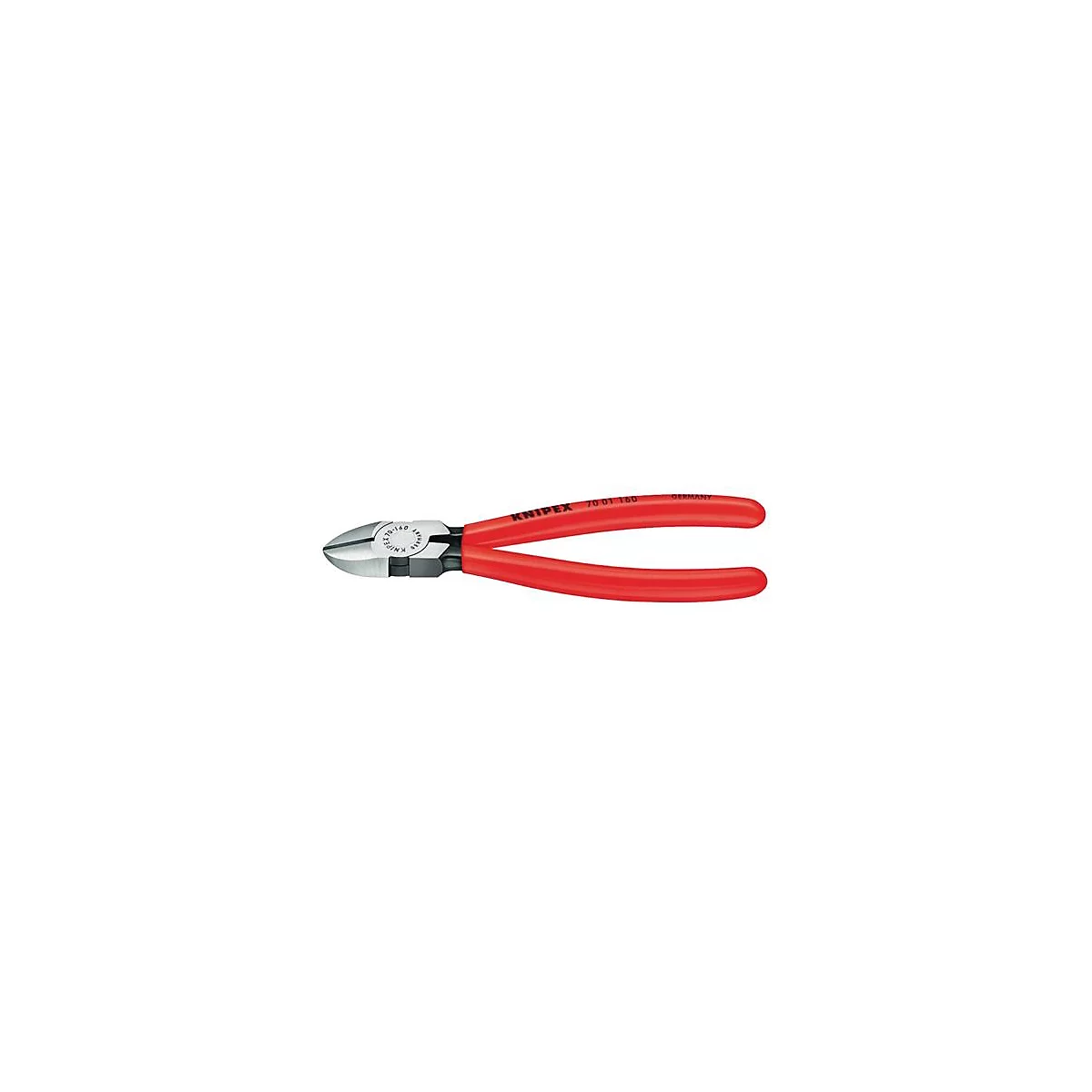 Pince coupante Knipex, rouge avec surfaces de coupe noires. Inscription : KNIPEX 70 01 160. Sur les surfaces de coupe : KNIPEX 70-160 Germany.