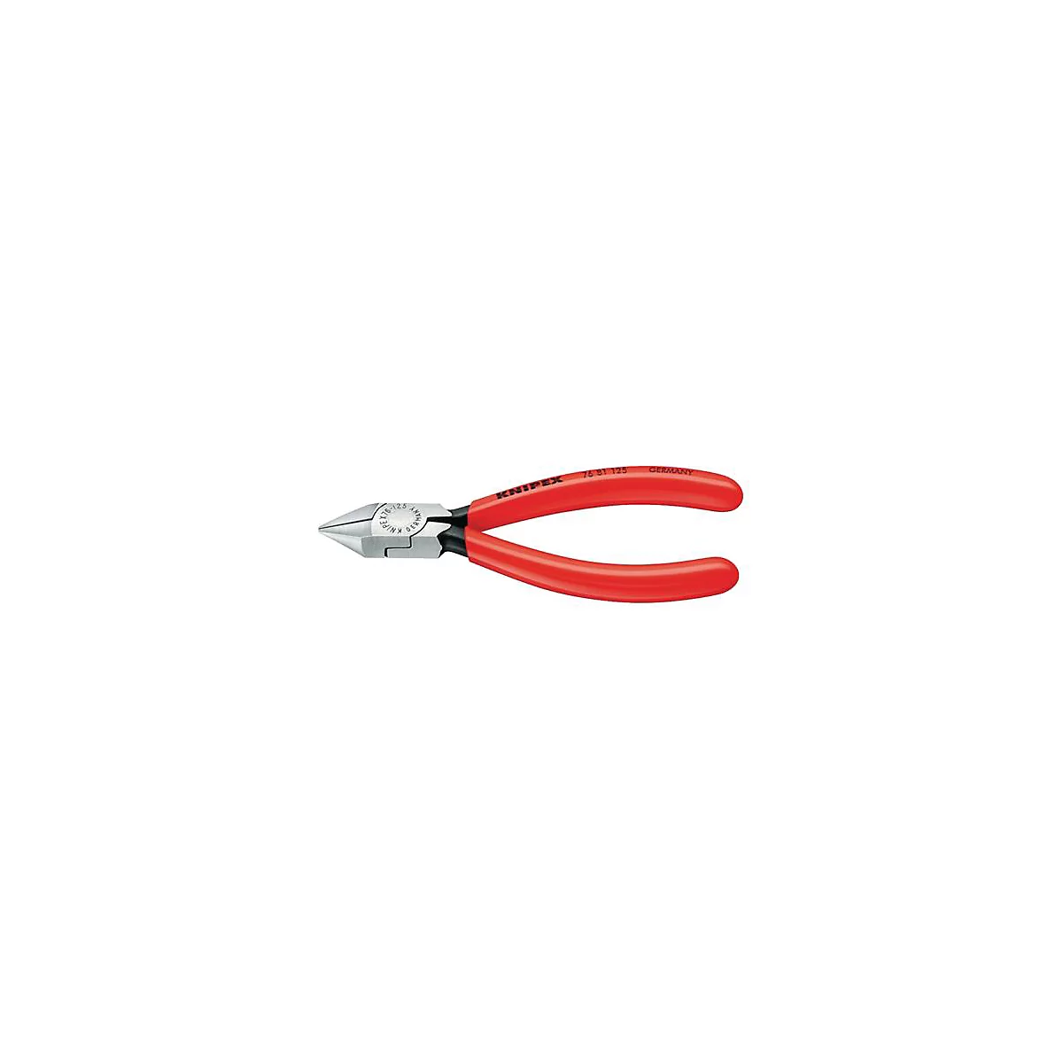 Pince coupante diagonale Knipex rouge avec des accents noirs. Texte: Knipex 76 51 125 Allemagne.