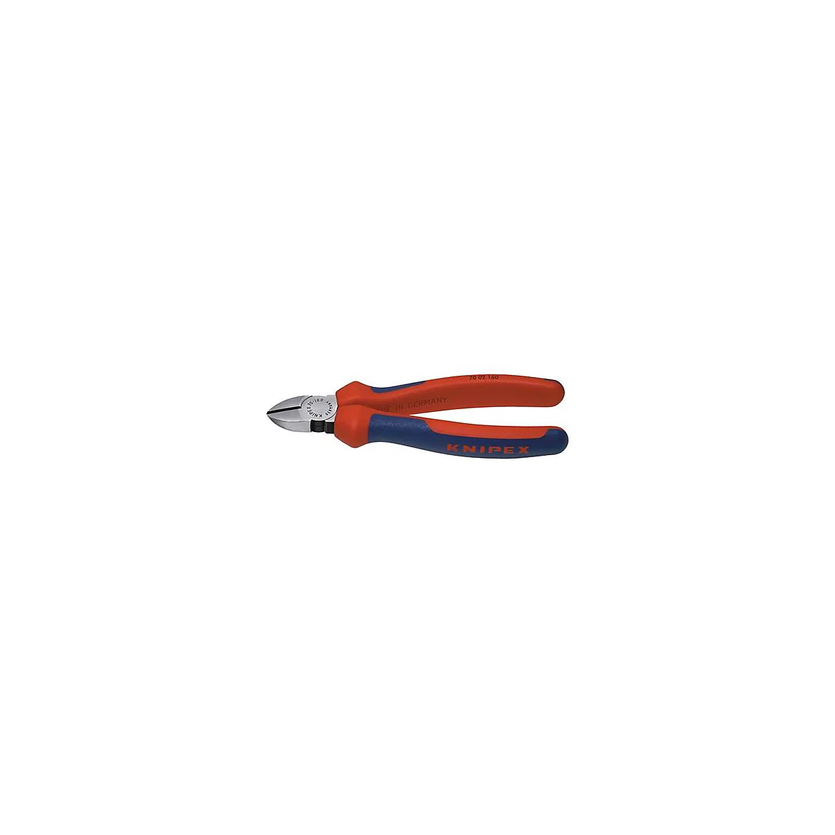 Pince coupante, rouge et bleu, avec surfaces de coupe argentées. Inscription : KNIPEX. Fabriqué en Allemagne.