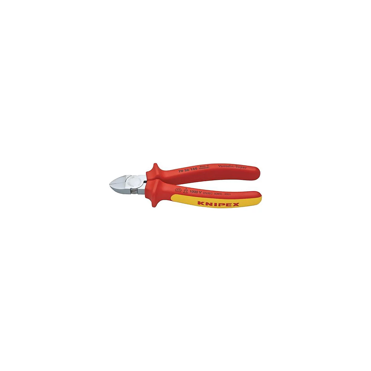 Pince coupante rouge et jaune de Knipex ; la tête de la pince est argentée.