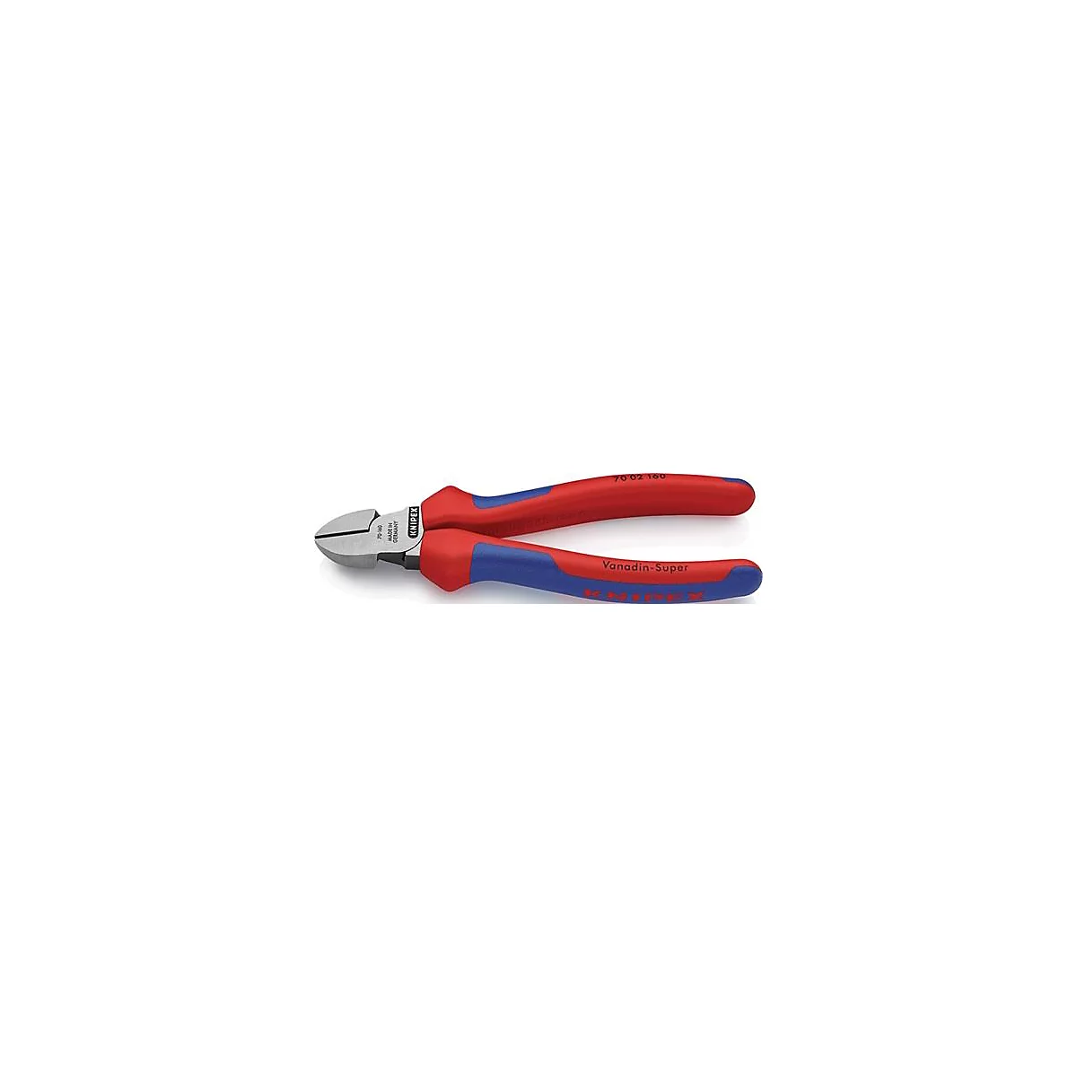 Gros plan d'une pince coupante latérale rouge et bleue. Sur la pince, on peut lire "KNIPEX", "70 02 160" et "Vanadin-Super".
