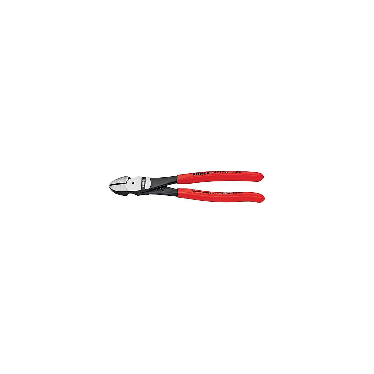 Pince rouge et noire avec des bords coupants argentés. Le corps de la pince porte la marque KNIPEX et d'autres informations.