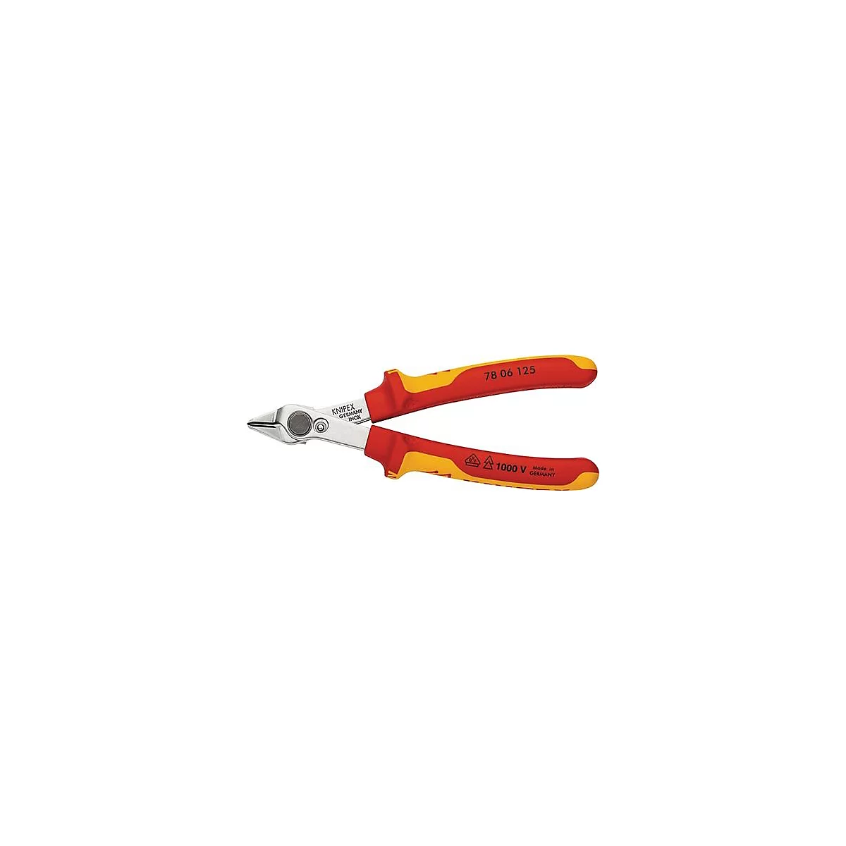Pince coupante, rouge-jaune, ouverte. "KNIPEX GERMANY" est écrit sur les poignées.