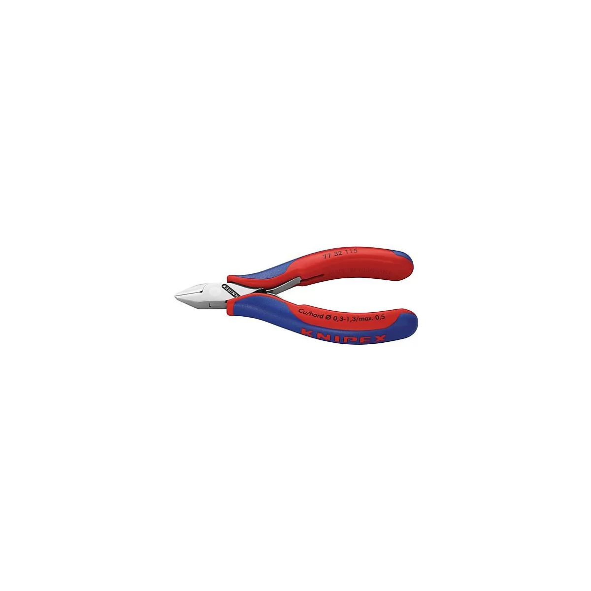 Pince coupante Knipex avec poignées rouges et bleues. Inscription : 77 32 115, Cu/hard Ø 0,3-1,3/max. 0,5. Logo du fabricant.