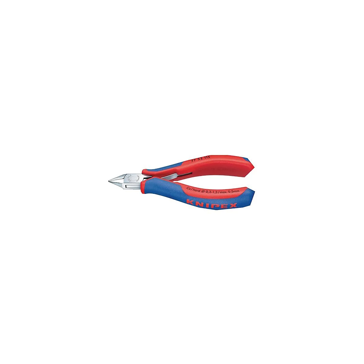 Pince coupante diagonale Knipex avec poignées rouges et bleues, mâchoires coupantes argentées et lettrage.