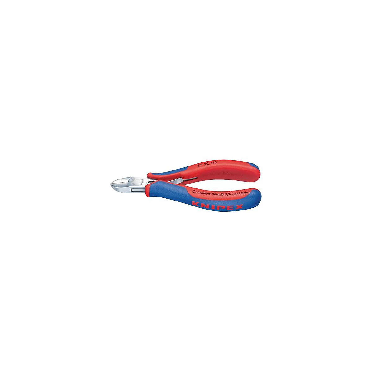 Une pince coupante latérale rouge et bleue sur fond blanc. La poignée est de forme ergonomique. La marque KNIPEX est visible sur la partie métallique.