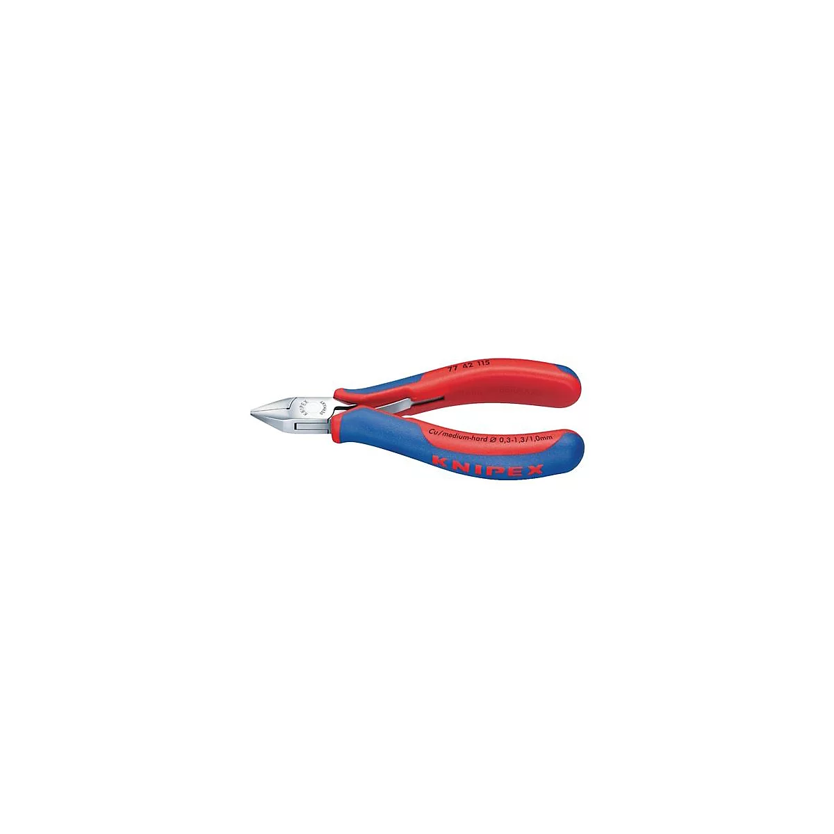Pince coupante avec poignées rouges et bleues. Inscription KNIPEX et informations sur le produit.