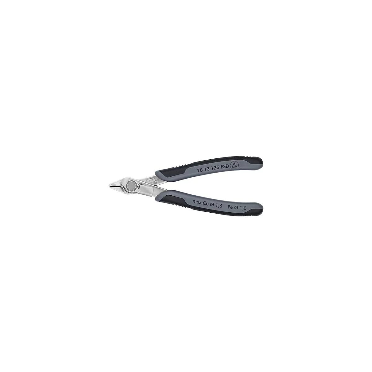 Pince coupante oblique, grise et noire, avec nom du produit et marquages.