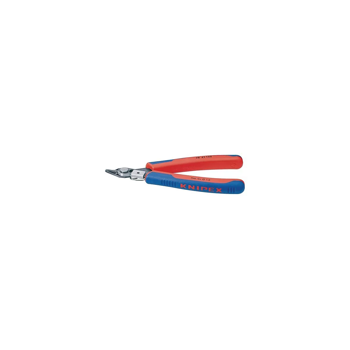 Pince coupante Knipex avec poignées bleues et rouges. Marquages sur les poignées : 78 41 125, Max Cu Ø 1.0, Knipex.