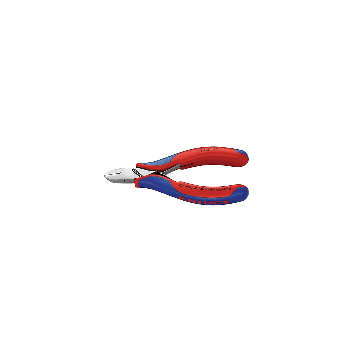 Gros plan sur une pince coupante diagonale Knipex avec une poignée rouge et bleue. Inscription : Knipex.