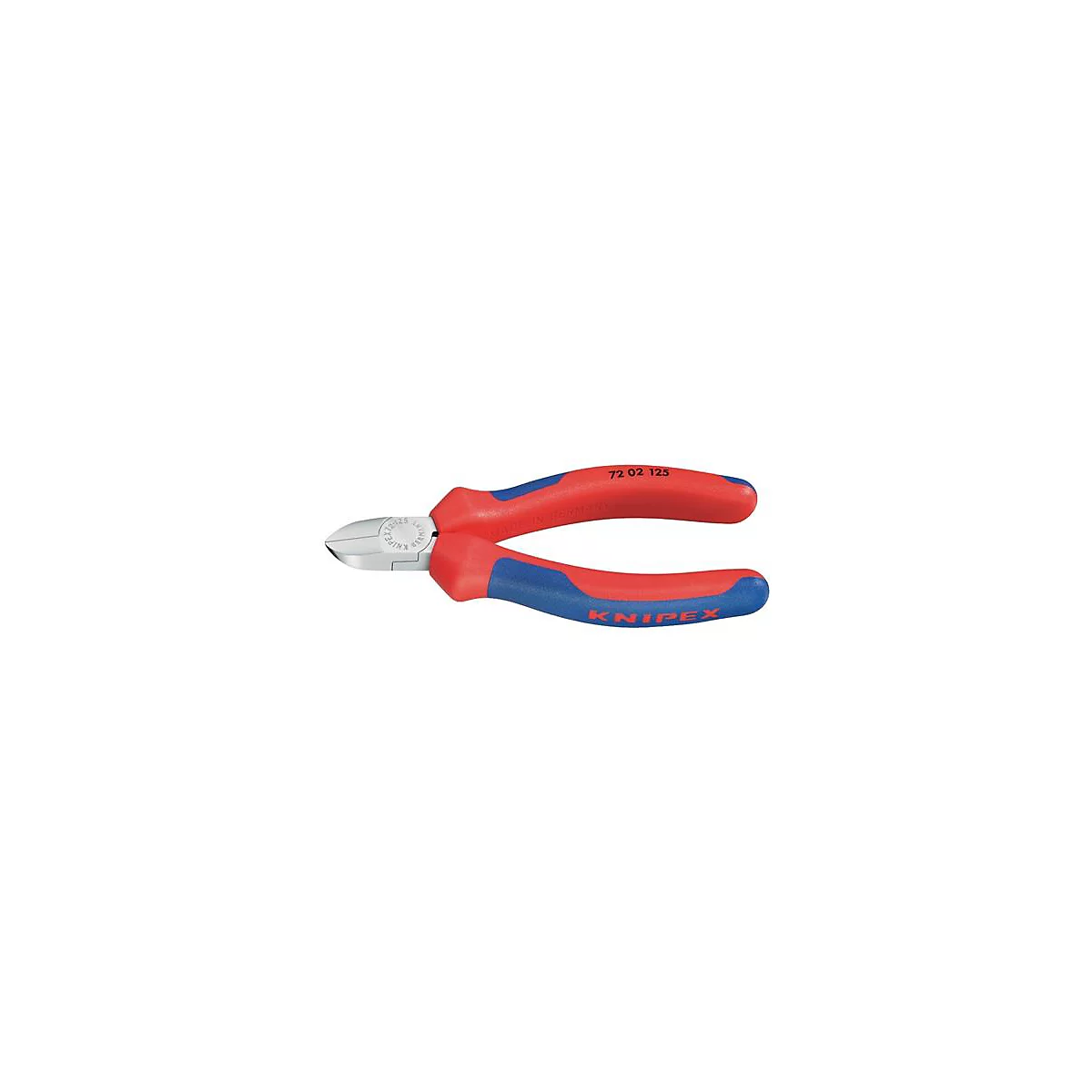 Pince coupante Knipex, rouge et bleu. Inscriptions "72 02 125" et "KNIPEX".