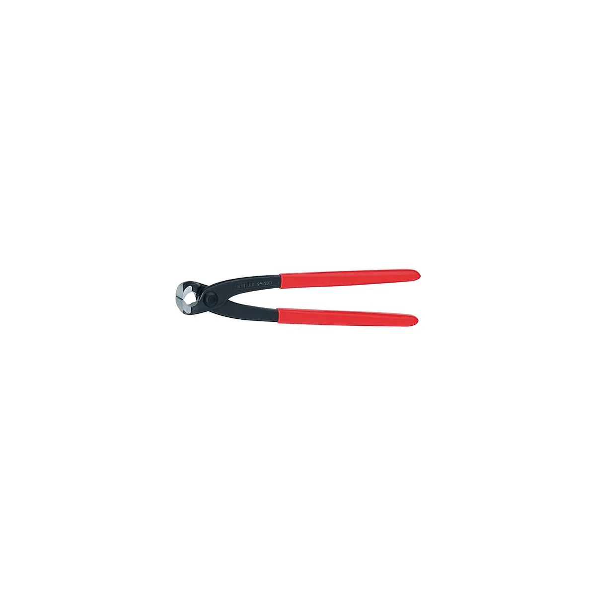 Pince noire avec poignées rouges sur fond blanc. Détail : pointes de la pince ouvertes.