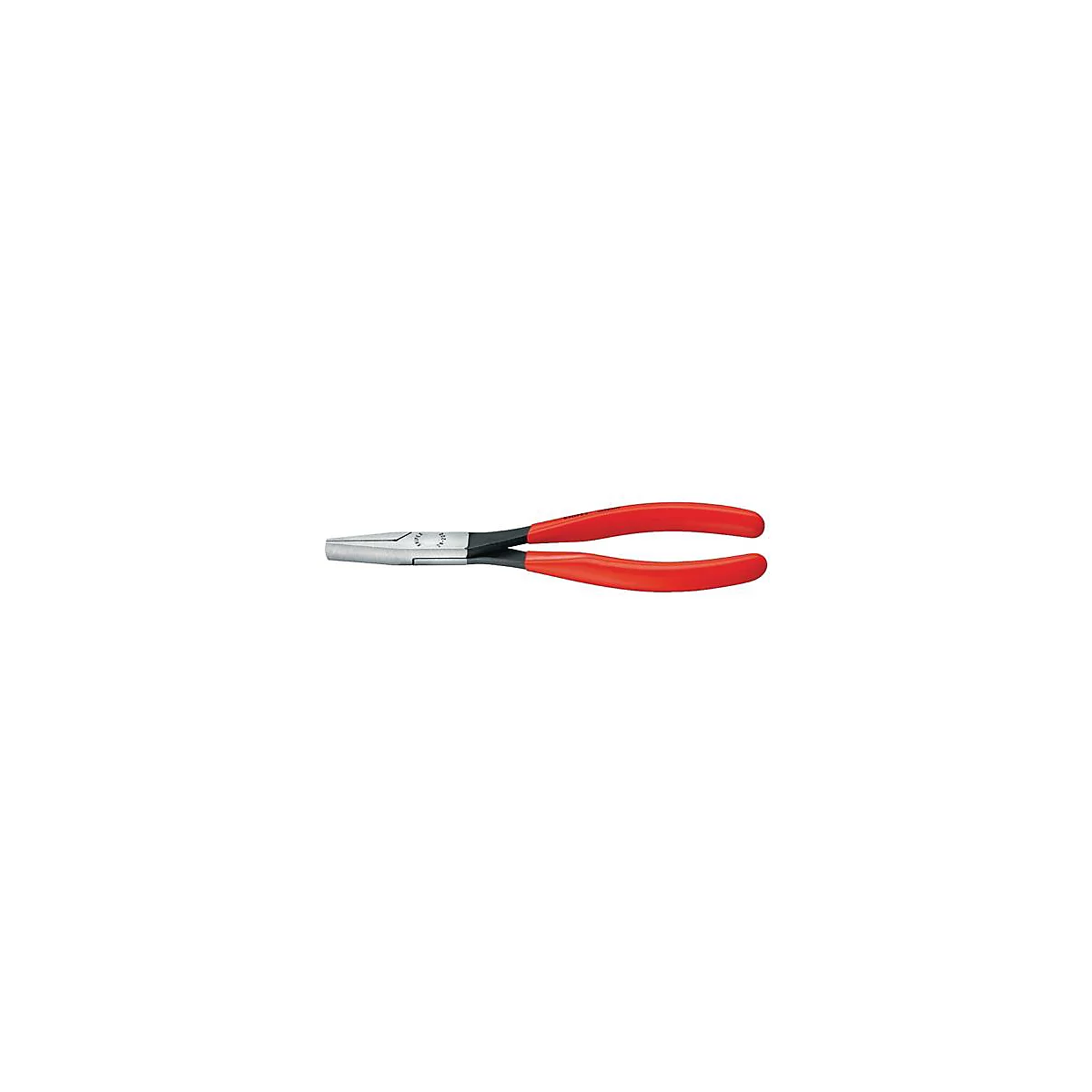 Pince à long nez avec poignée rouge. La tête de la pince est argentée et comporte une impression.