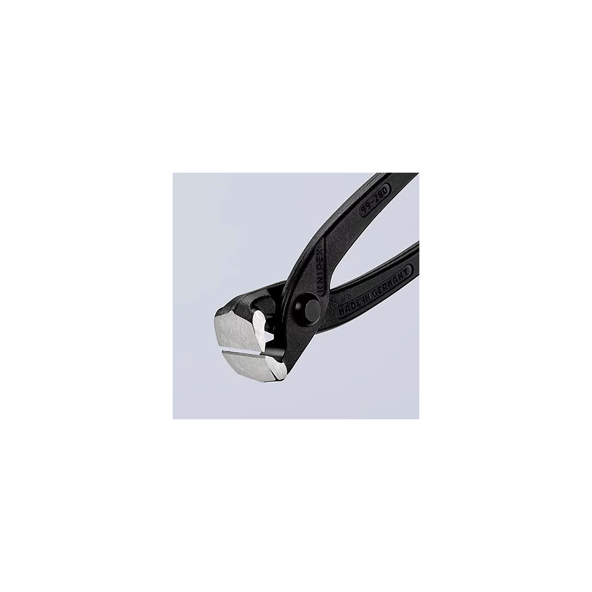 Gros plan d'une pince Knipex noire avec des mâchoires argentées. Imprimé : "KNIPEX", "MADE IN GERMANY" et "99-280".